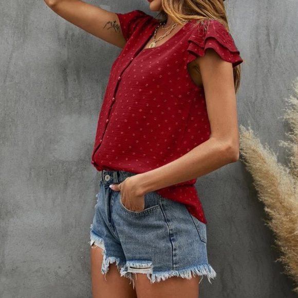 Boho burgundy Swiss dot butterfly sleeve blouse - Picture 2 of 5